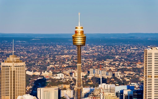 Sydney Tower with cityscape view, location of the rotating restaurant buffet.