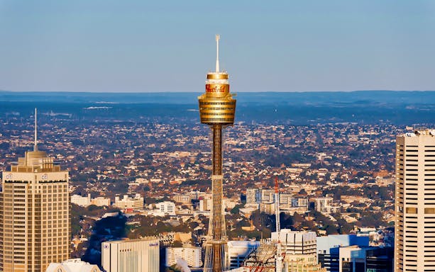 Sydney Tower with cityscape view, location of the rotating restaurant buffet.