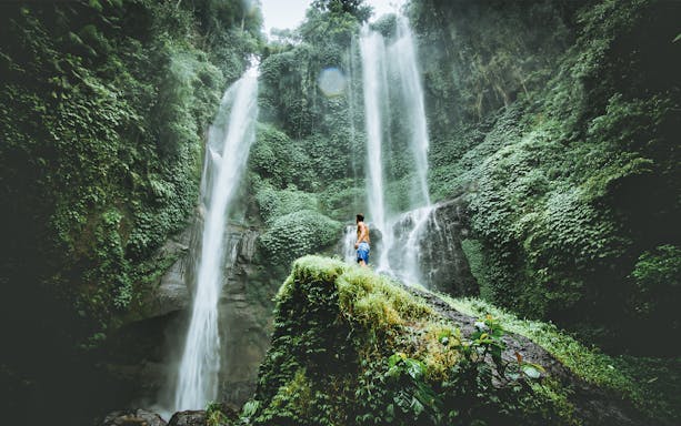 Person standing on a rock in front of lush Bali waterfalls.
