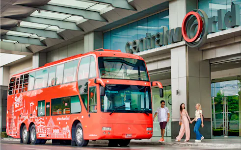 Red double-decker bus at CentralWorld, Bangkok for Siam Hop-On-Hop-Off Sightseeing Tour.