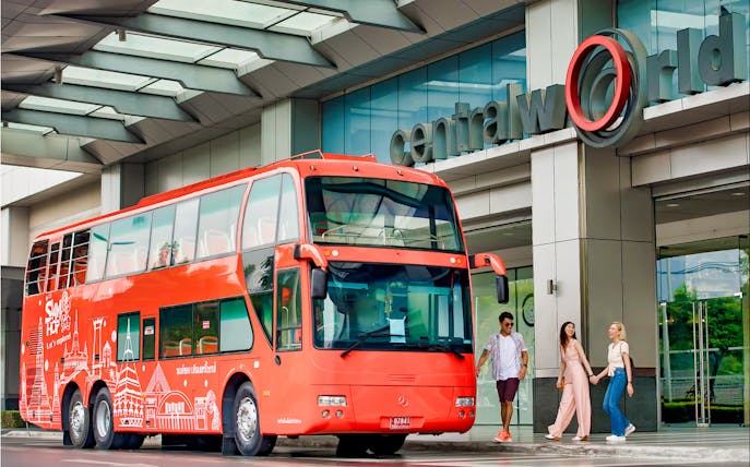 Red double-decker bus at CentralWorld, Bangkok for Siam Hop-On-Hop-Off Sightseeing Tour.