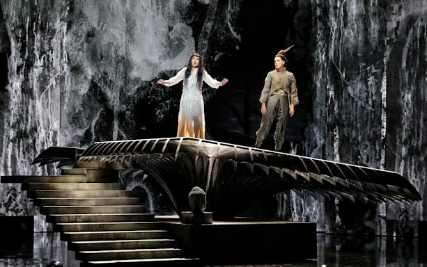 Performers on stage during Madama Butterfly at Sydney Harbour.