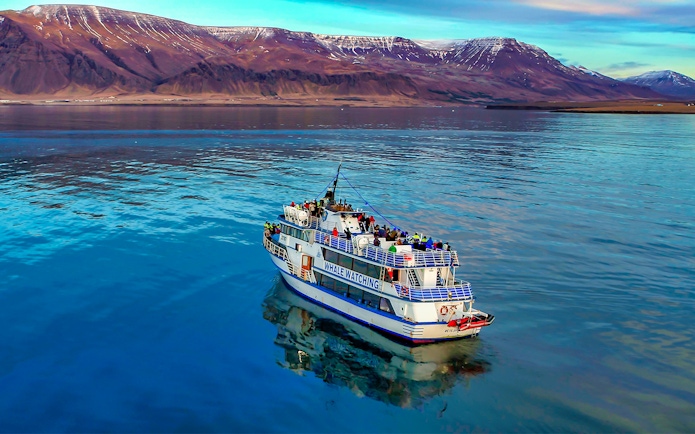 Whale watching boat on Icelandic waters with mountains in the background.