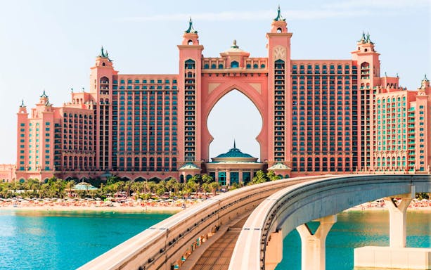 Atlantis The Palm hotel with monorail track, Dubai City Tour.