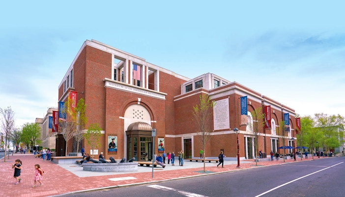 Museum of the American Revolution exterior with visitors in Philadelphia.