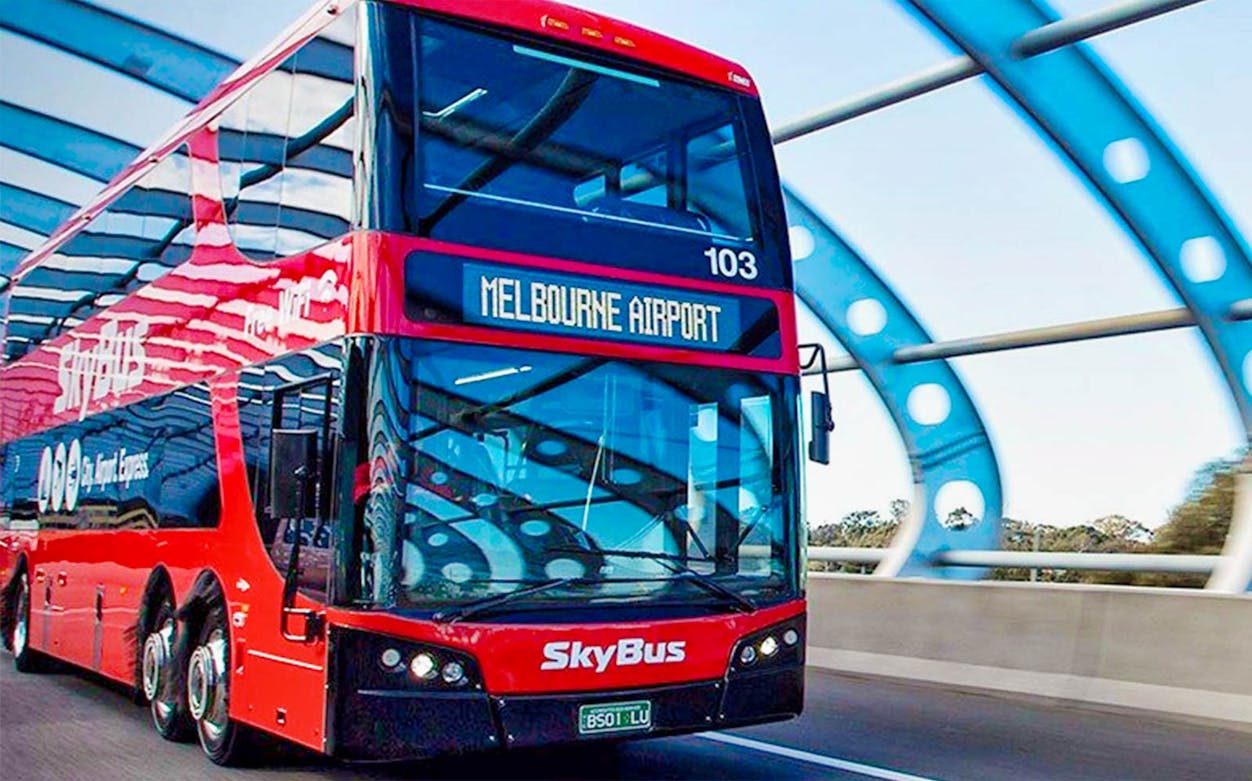 Skybus shuttle traveling from Melbourne Airport to Melbourne City.