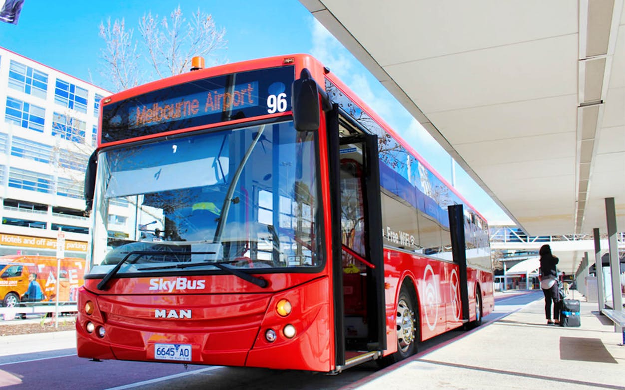 Skybus at Melbourne Airport terminal ready for shuttle to Southbank and Docklands.