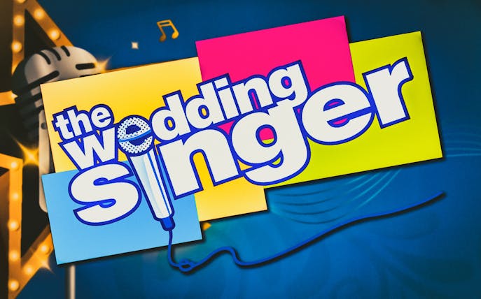 The Wedding Singer musical logo with microphone and colorful background