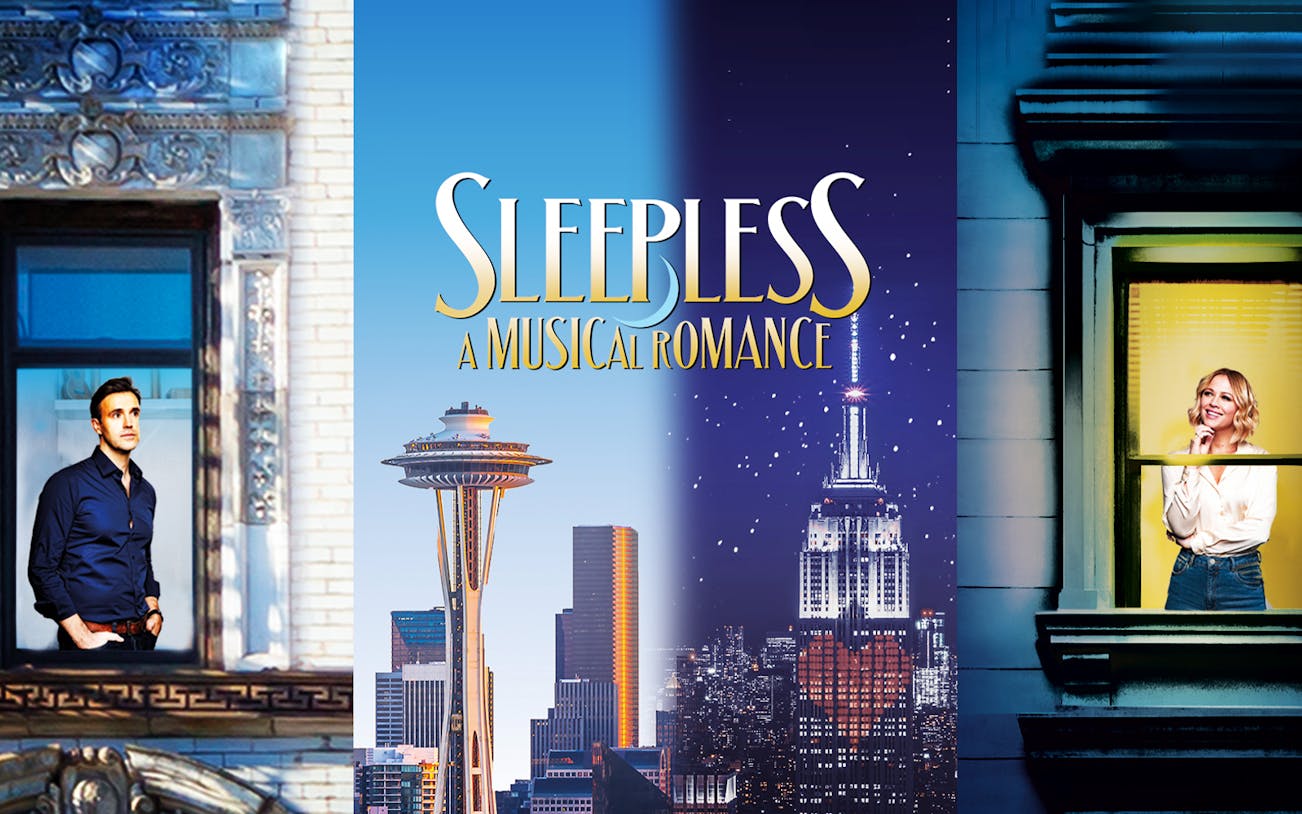 Sleepless: A Musical Romance poster with Seattle and New York City skylines.