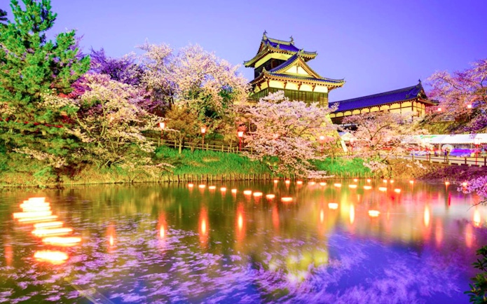 Japanese castle with cherry blossoms and illuminated pond in Kansai region.