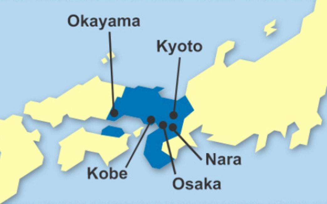 Map highlighting JR Kansai Wide Area Pass coverage including Osaka, Kyoto, Nara, Kobe, and Okayama.