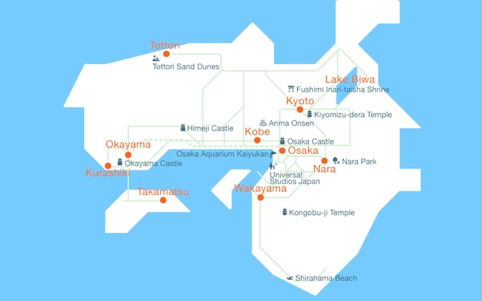 Map of Kansai region with cities and landmarks for 5 Day JR Kansai Wide Area Pass.