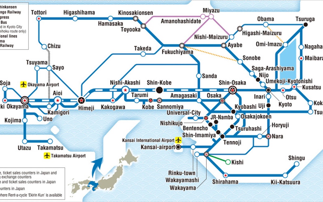 Rail map of JR Kansai Wide Area Pass routes, including Osaka, Kyoto, and Himeji.