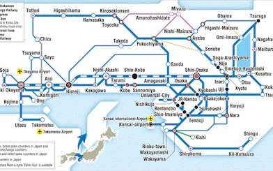 Rail map of JR Kansai Wide Area Pass routes, including Osaka, Kyoto, and Himeji.