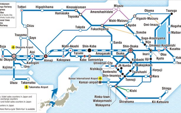 Rail map of JR Kansai Wide Area Pass routes, including Osaka, Kyoto, and Himeji.