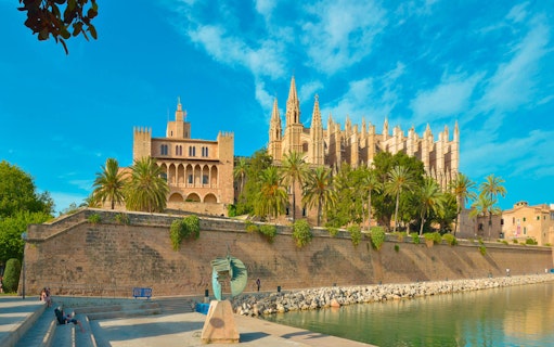 Royal Palace of La Almudaina with palm trees and waterfront in Palma, Mallorca.