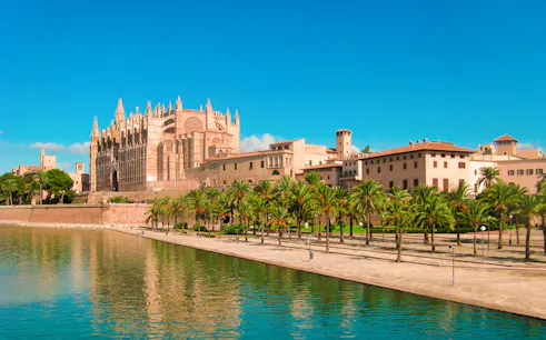 Royal Palace of La Almudaina with palm trees and waterfront in Palma, Mallorca.