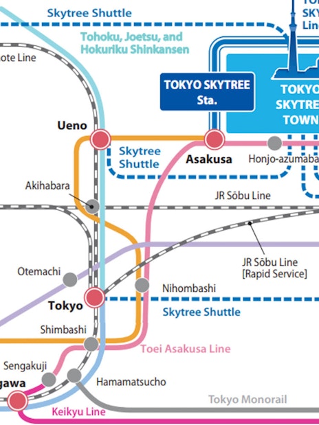 Tokyo subway map highlighting routes to Tokyo Skytree and nearby attractions.