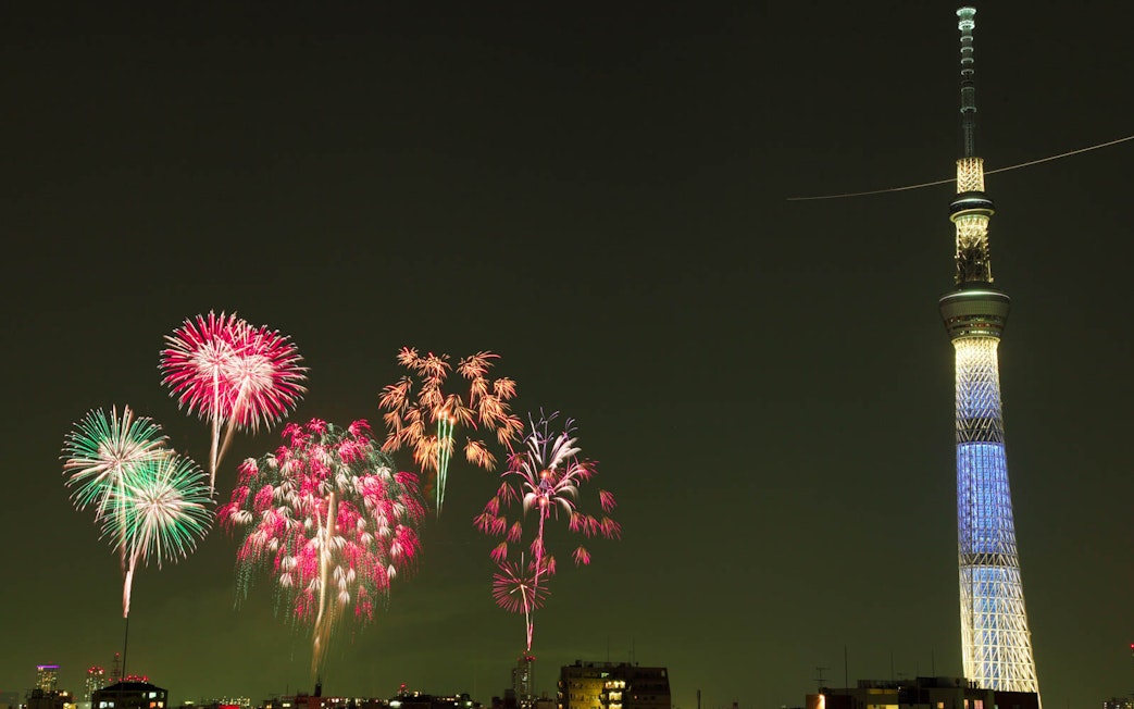 Fireworks display near Tokyo Skytree at night, Japan.
