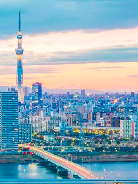Tokyo Skytree towering over cityscape at sunset, view from river.