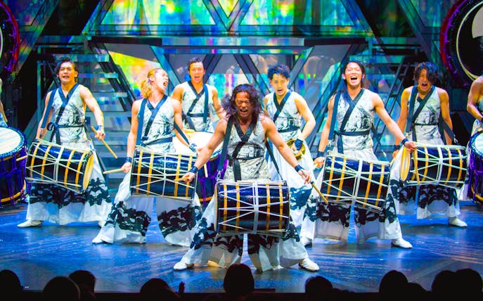 Performers playing traditional drums at Japanese Drum Show 「MANGEKYO」 in Japan.