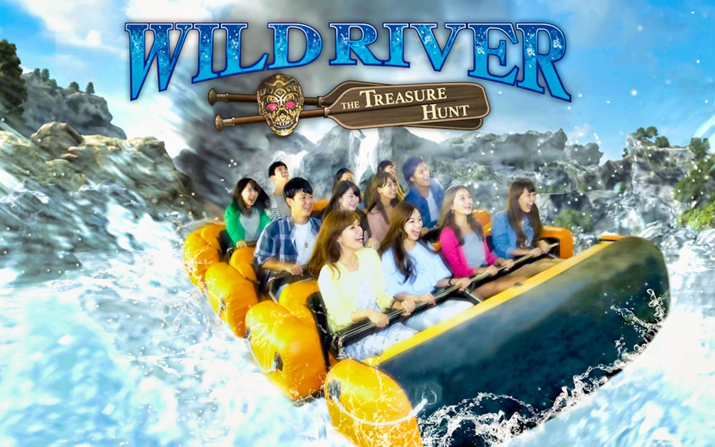 Group enjoying Wild River ride at Tokyo JOYPOLIS indoor theme park.
