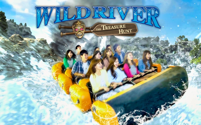 Group enjoying Wild River ride at Tokyo JOYPOLIS indoor theme park.