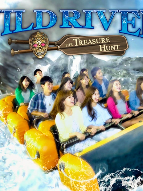 Group enjoying Wild River ride at Tokyo JOYPOLIS indoor theme park.