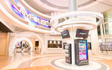Tokyo JOYPOLIS entrance with digital displays in Odaiba, Tokyo.