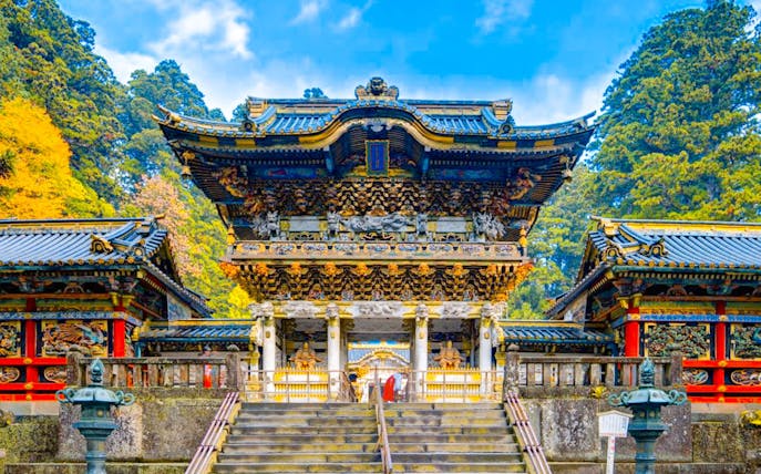 Toshogu Shrine entrance in Nikko, Japan, with ornate carvings and vibrant colors.