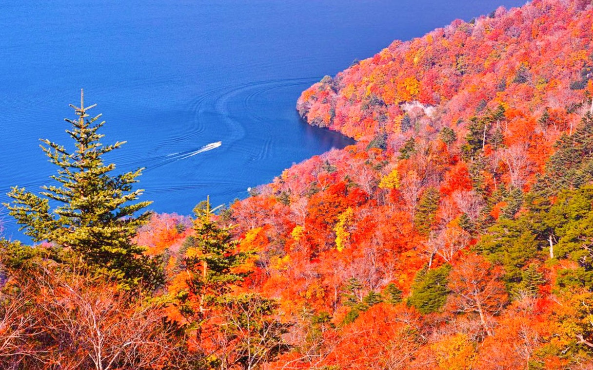 Autumn foliage surrounding Lake Chuzenji in Nikko, Japan, with a boat on the water.