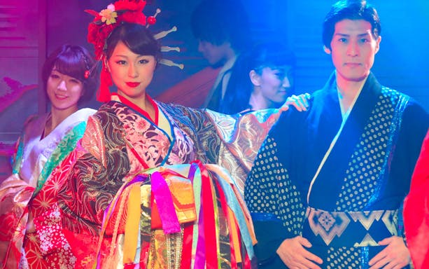 Performers in traditional attire at Roppongi KAGUWA Entertainment Show, Tokyo.