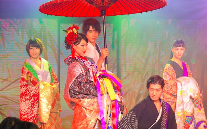 Performers in traditional attire at Roppongi KAGUWA Entertainment Show, Tokyo.