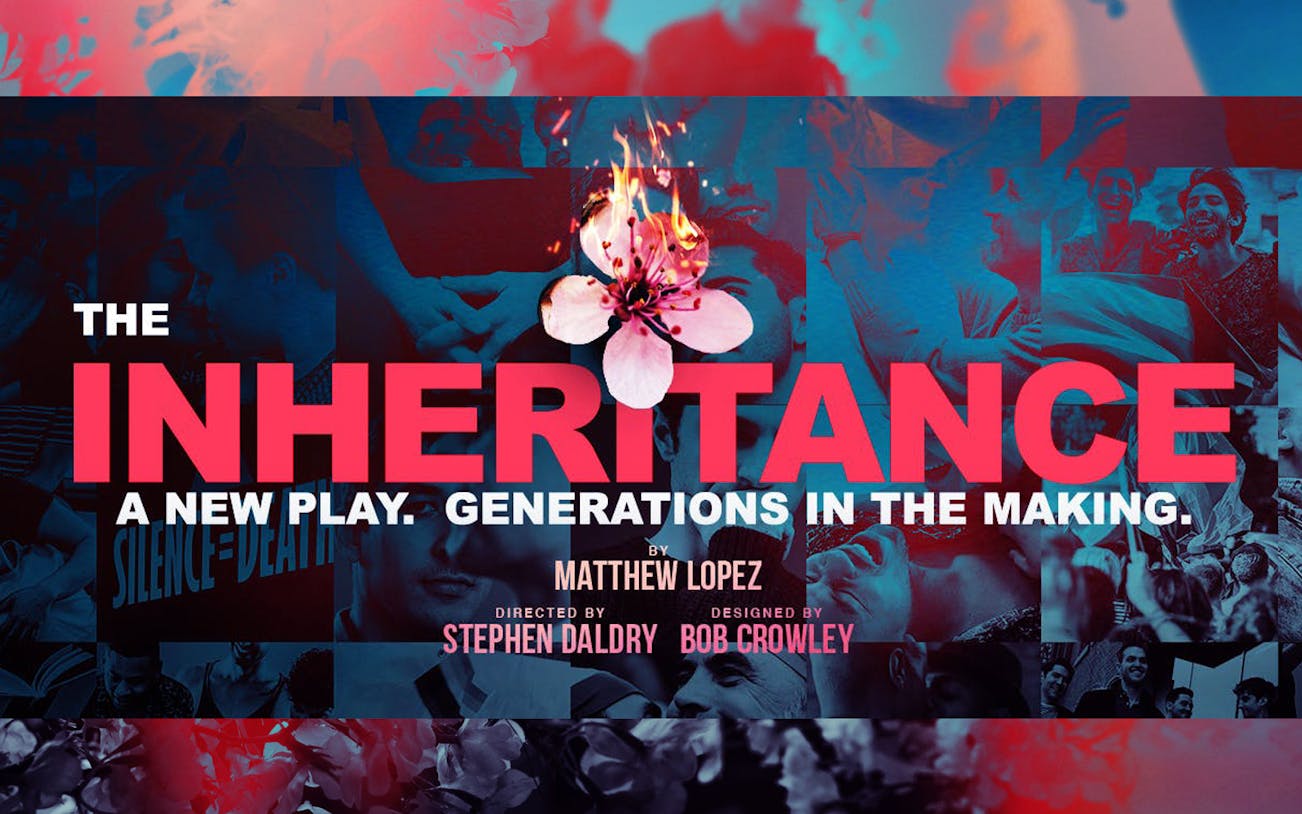 The Inheritance Part 1 Broadway play poster with floral design and cast images.