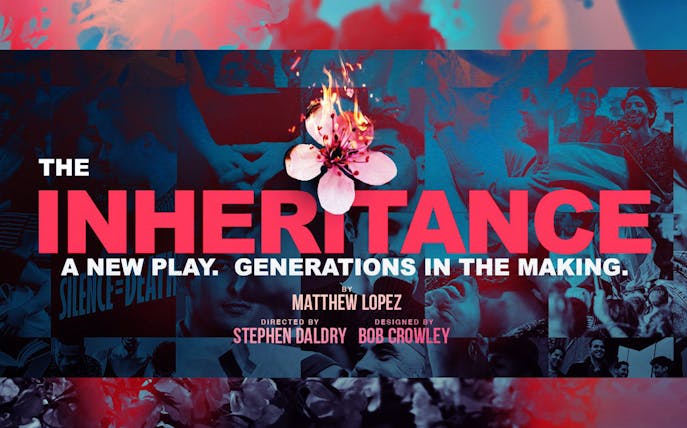 The Inheritance Part 1 Broadway play poster with floral design and cast images.