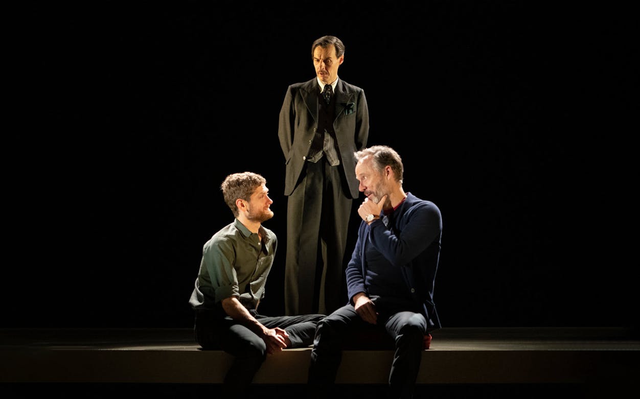 Actors performing a scene from "The Inheritance Part 1" on Broadway.