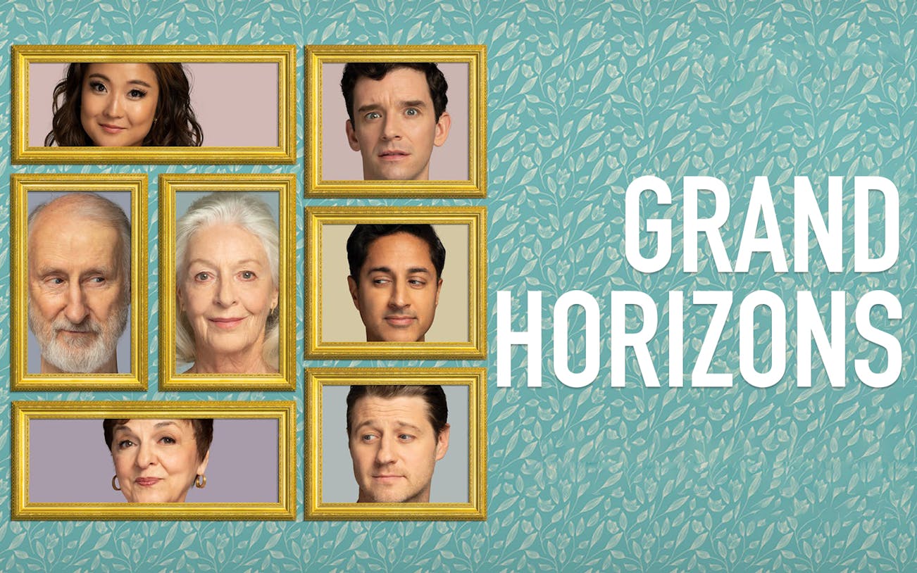 Framed portraits of diverse individuals on patterned background with "Grand Horizons" text.