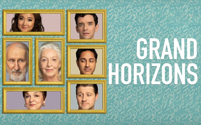 Framed portraits of diverse individuals on patterned background with "Grand Horizons" text.