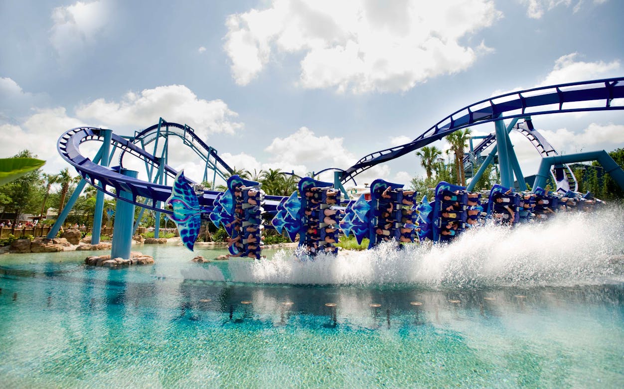 Roller coaster ride over water at SeaWorld Orlando.