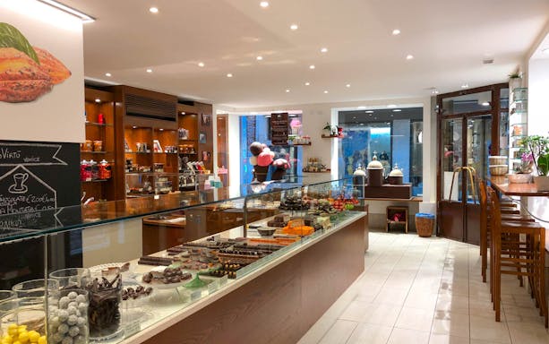 Chocolate shop interior with assorted chocolates on display in Venice.