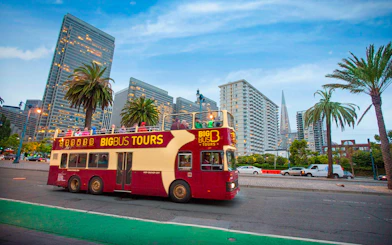 Open-top tour bus in San Francisco with city skyline and palm trees.