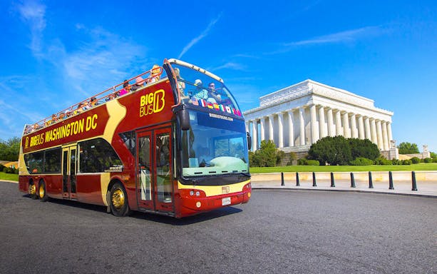 Open-top tour bus near Lincoln Memorial, Washington DC Explorer Pass.