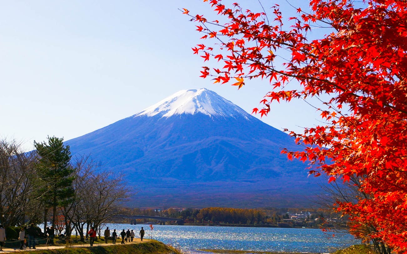 Mt. Fuji with autumn leaves and Lake Ashi, view from Hakone day trip.