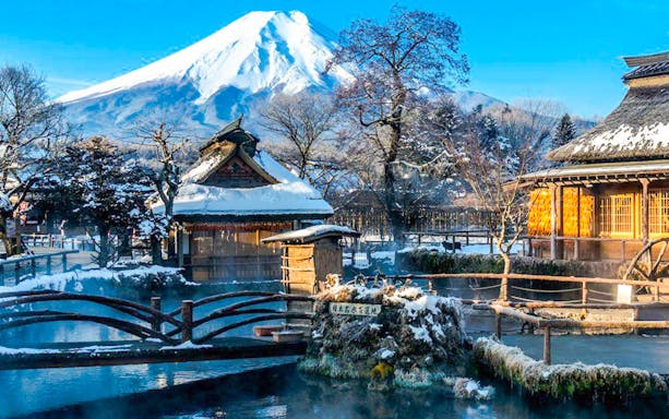 Traditional Japanese village with Mt. Fuji in the background, part of World Heritage Mt. Fuji Golden Tour.