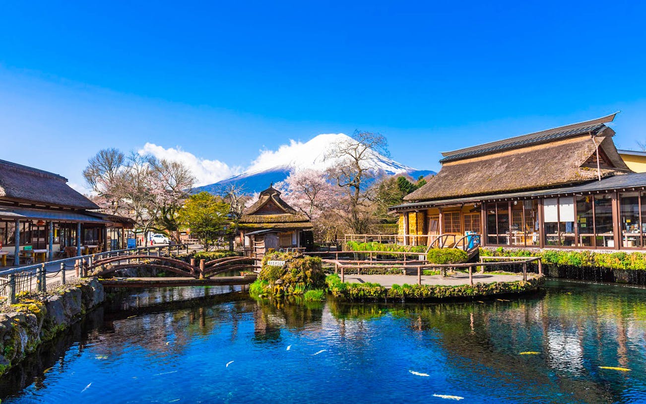 Traditional Japanese village with Mt. Fuji in the background, part of the World Heritage Mt. Fuji Golden Tour.