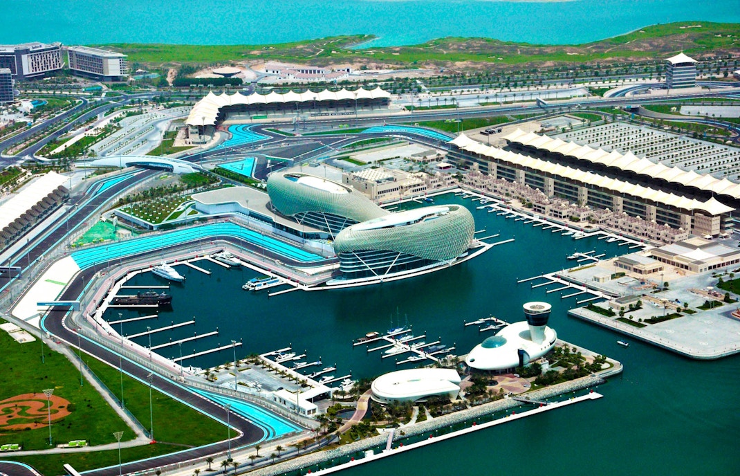 Aerial view of Yas Marina Circuit and Yas Viceroy Hotel in Abu Dhabi, part of the seaplane tour.