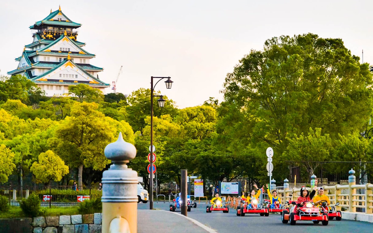 Go-karting near Osaka Castle during Akiba Kart Osaka Street Go Kart Experience.
