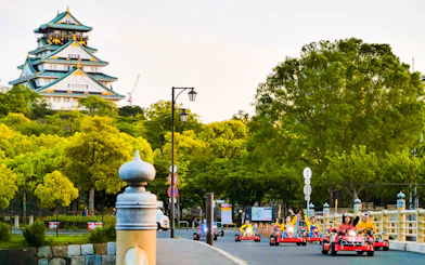 Go-karting near Osaka Castle during Akiba Kart Osaka Street Go Kart Experience.