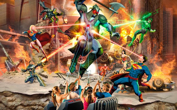 Superheroes battling a villain in an action-packed scene at Warner Brothers Movie World.