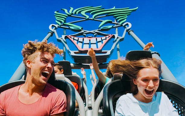 Visitors enjoying a roller coaster at Warner Brothers Movie World.